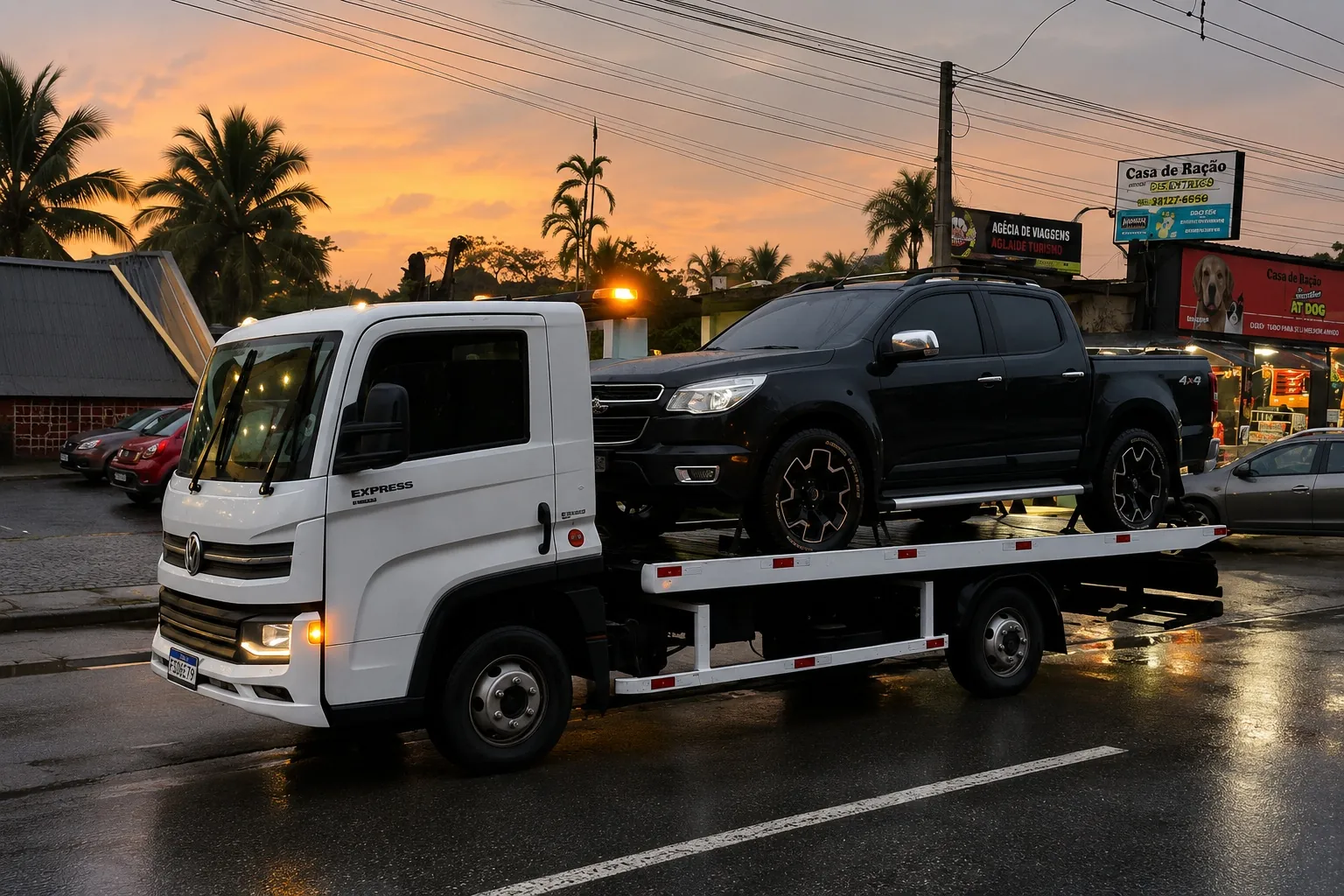 Drop Guincho flatbed tow truck carrying a pickup in Bertioga at dusk